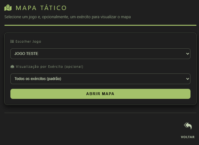 Tela Mapa Tático com seleção de jogo, visualização por exército opcional e botão Abrir mapa.